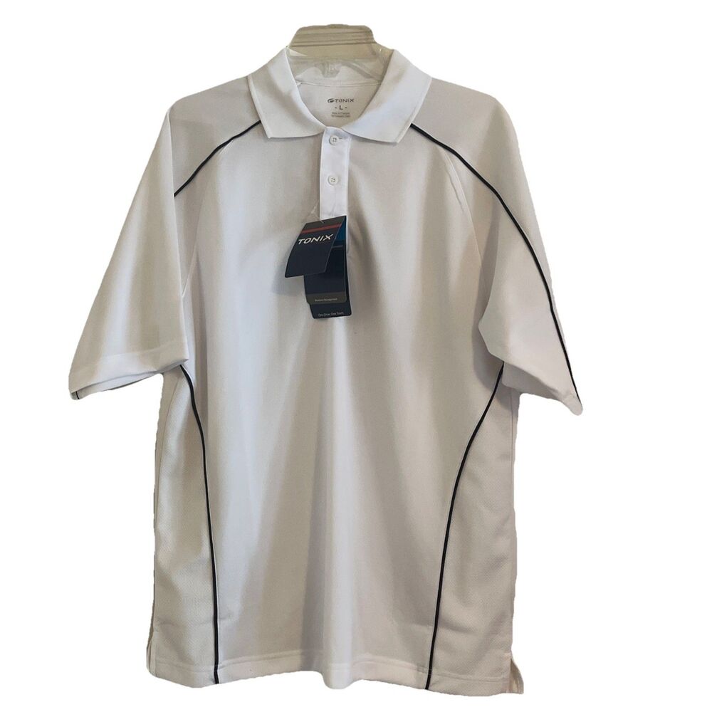 Tonix Polo Shirt Men’s L White Blue Trim Soft Cool Short Sleeve Moisture Control